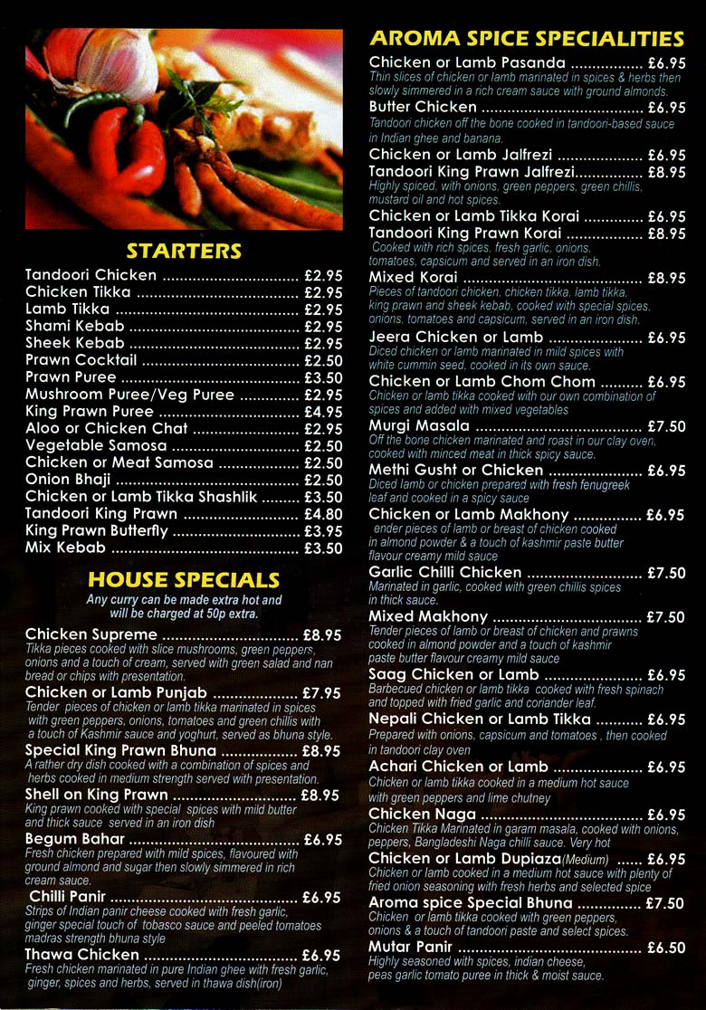 The Aroma Spice Indian restaurant on Sibson Rd, Leicester - Everymenu