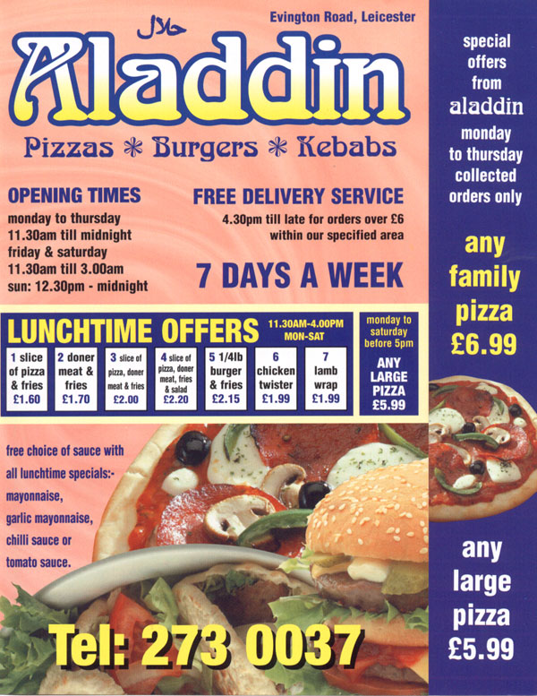 Aladin Pizza restaurant on Evington Rd Leicester Everymenu