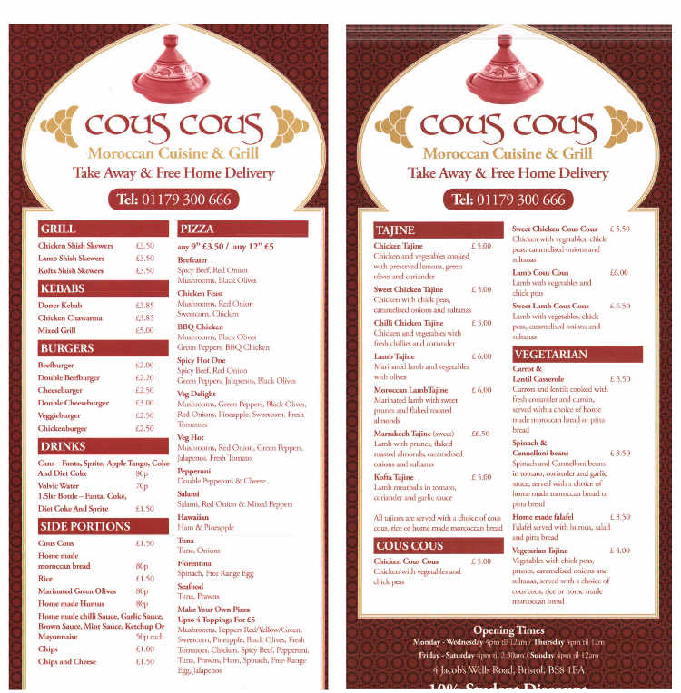 Moroccan Food Restaurant Menu Moroccan Food Restaurant Menu