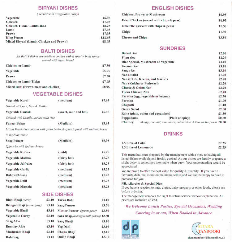Sitara Restaurant Menu Sitara Restaurant Menu